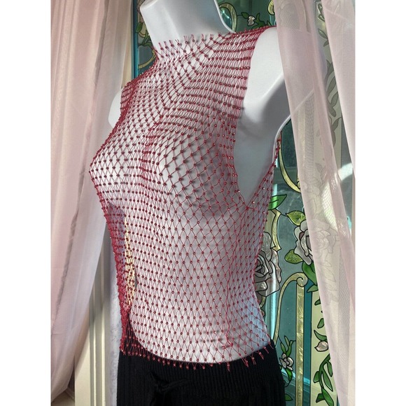 Red Top Sleeveless Rhinestone Wide Mesh Shell Tank Embellished Netting Holiday - Picture 2 of 6